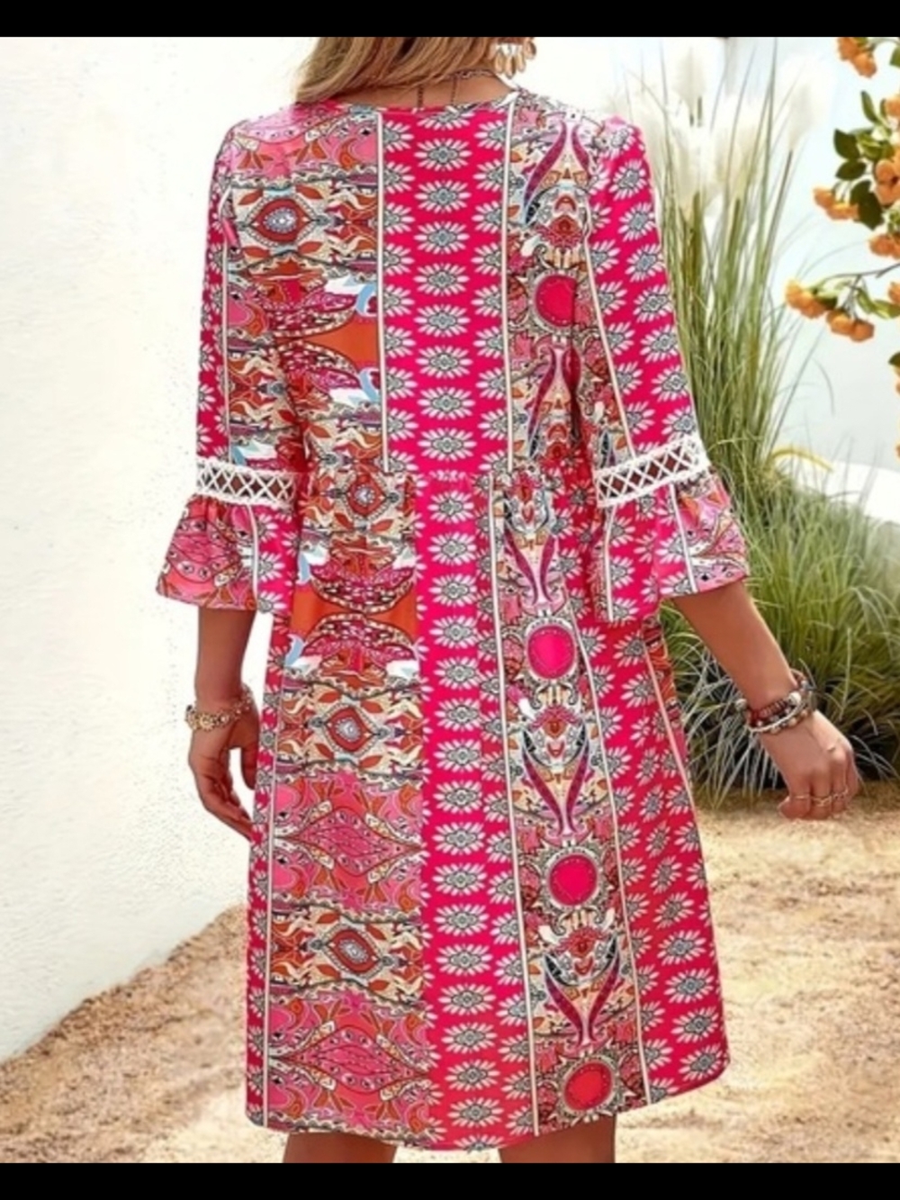 Kara and Kate Pink Blue Floral Paisley Crochet Trim Flowy Tunic Dress NWOT Large - Picture 3 of 8